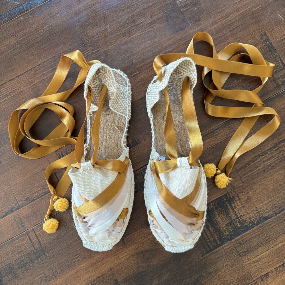 Woven Espadrille Lace-Up Flats in Mustard and Cream